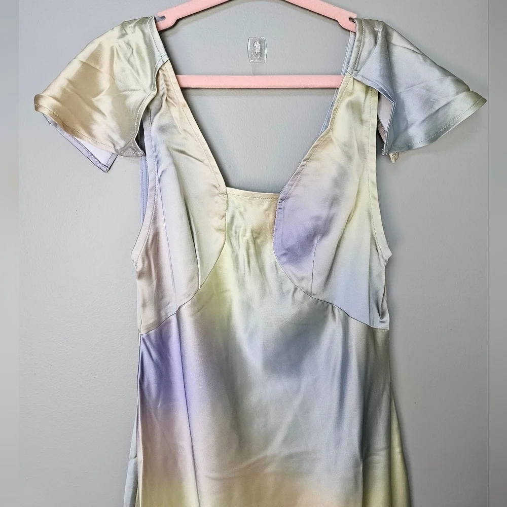 WeWoreWhat Watercolor Silky Charmeuse Midi Slip Dress, Cap Flutter Sleeve Size 0